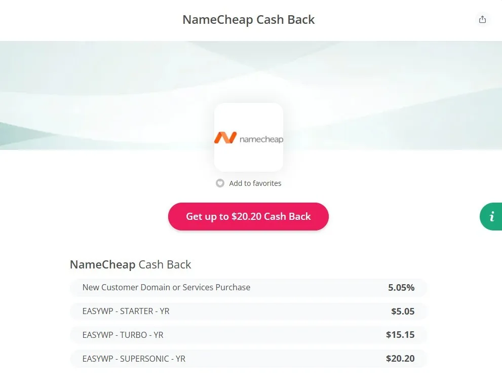 Topcashback導購Namecheap