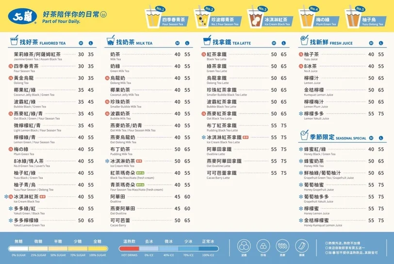50嵐菜單價目表(中南部)