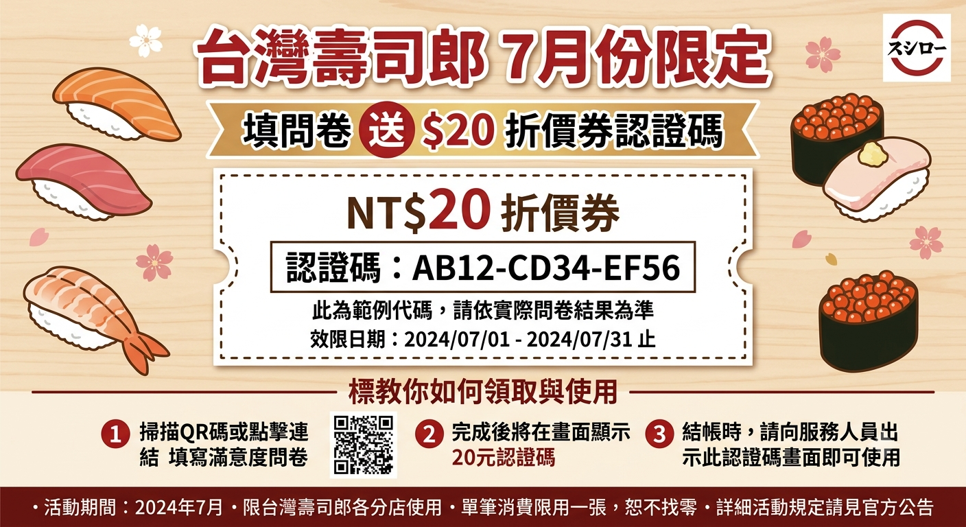 台灣壽司郎 20元折價券認證碼
